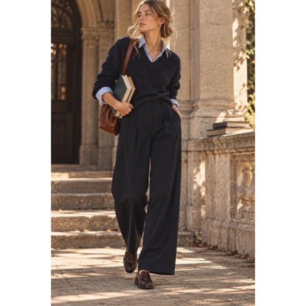 Cache Womens NAVY High Waisted Wide Leg Pleated Trousers Dress Pants Size 36
